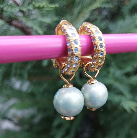 Chanel Vintage Earrings Coco Logo Motif Swing Pale Blue Rhinestone Gold Plated - Picture 3 of 12